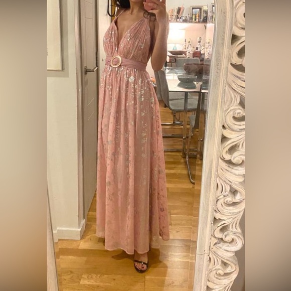 Love by Theia Pink Foil Print Low Back Maxi with Plunging Neckline - Picture 8 of 9